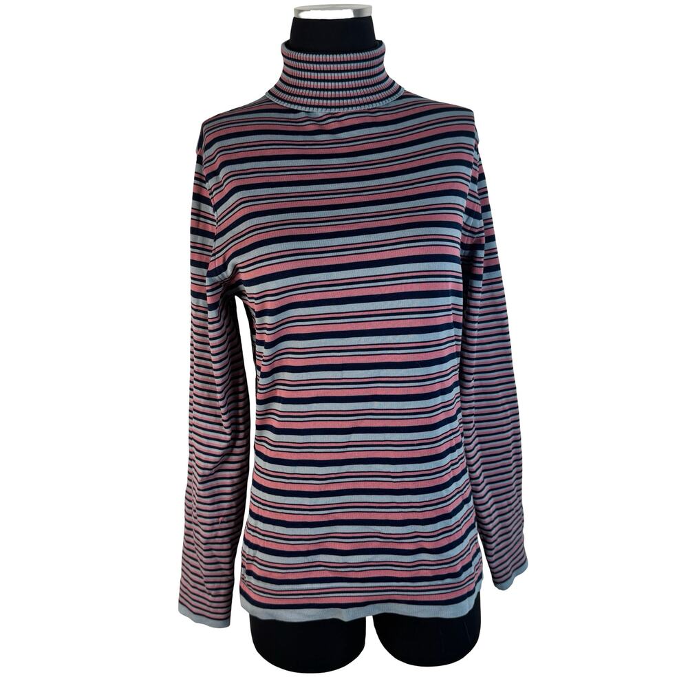 Vintage 1960s-70s Booth Bay Striped Mock Turtle Neck Top - Pink Blue Gray sz S-M